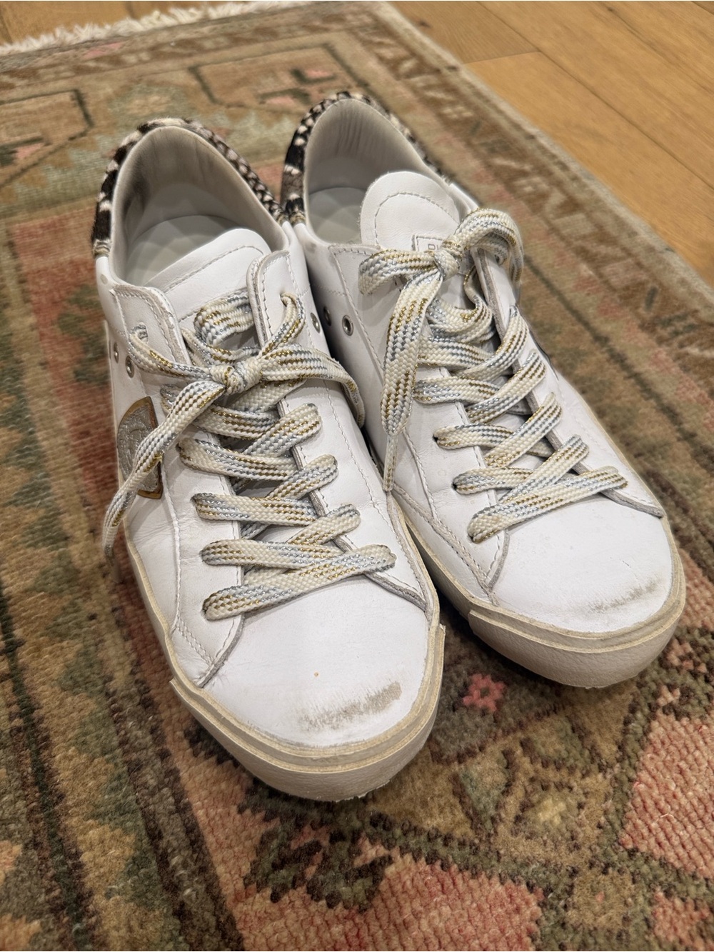 Philippe Model White Leather Sneakers with Leopard Heel Detail